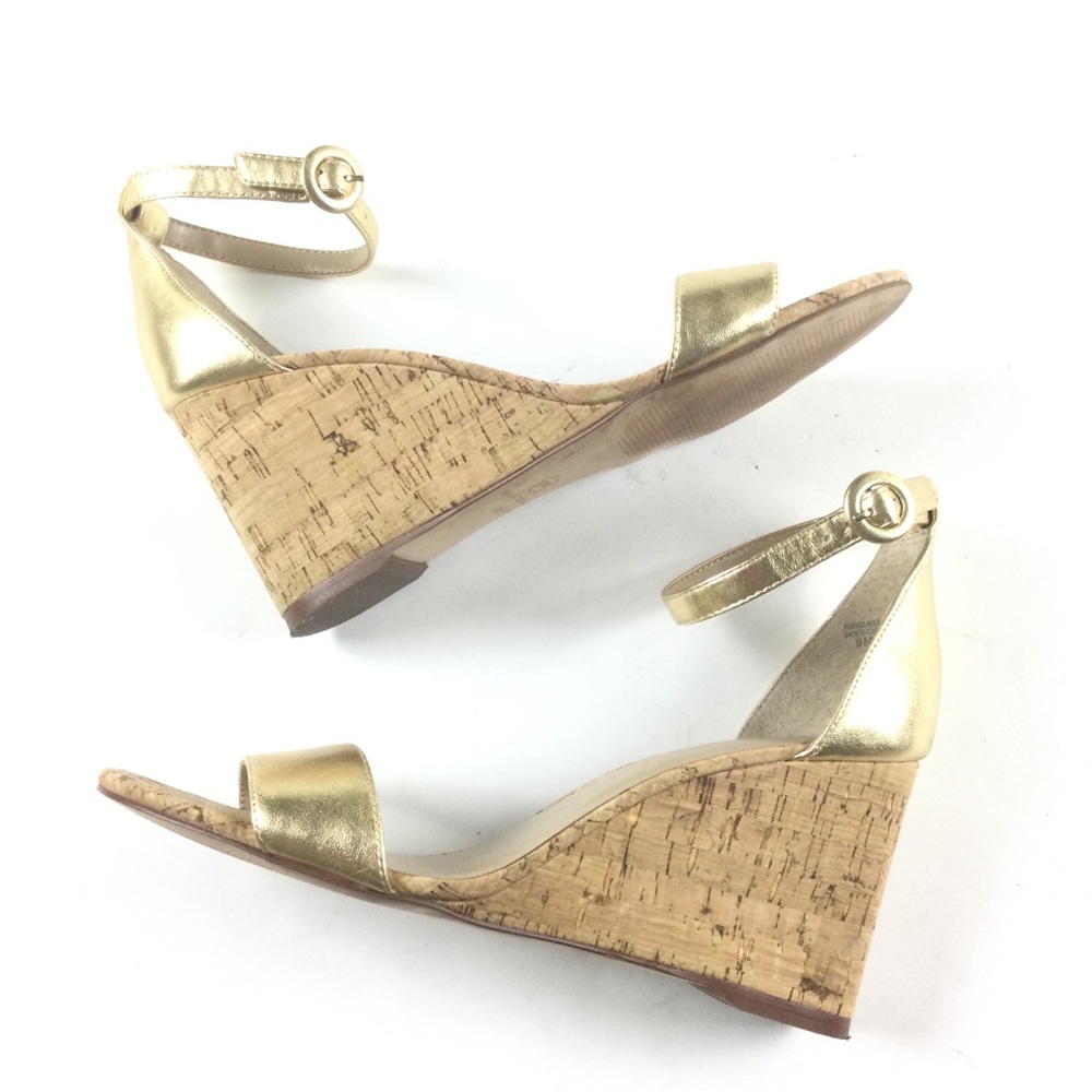 ANN TAYLOR Brett Cork Metallic Gold Wedge Ankle Strap Sandal Sz 9 - Picture 8 of 12
